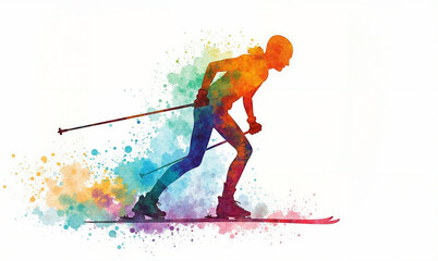Colorful splash art depicts a cross-country skier mid-stride against a white background.