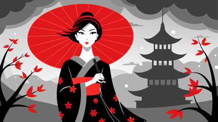 Elegant woman with parasol in traditional japanese garden © Devili