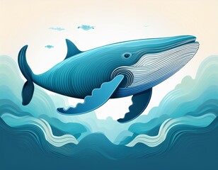Obraz premium Blue Whale Illustration Swimming Above Ocean Waves Minimal Art StyleFX