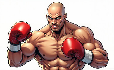 Muscular bald boxer with red gloves confidently poses, ready to fight.