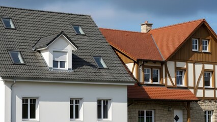 Two European style houses with contrasting roof tiles and architectural details home architecture
