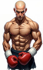 Muscular, bald boxer stands confidently with boxing gloves, showcasing impressive physique and intense gaze.
