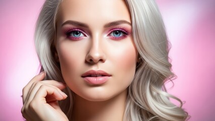 Fototapeta premium Close-up of a beautiful woman with long platinum hair, striking blue eyes, and pink eyeshadow against a pink backdrop