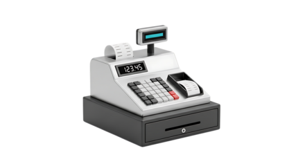 Classic white cash register with a receipt and small digital display isolated on transparent background