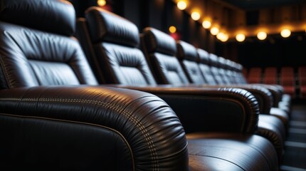 A rich, luxurious dark leather cinema chair arrenged perfectly straight row dominates the foreground, captured in sharp focus to highlight its premium craftsmanship