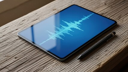 Sleek tablet displaying a vibrant blue sound wave, with a digital pen on a sunlit wooden surface