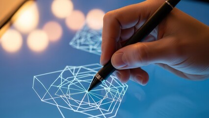 Close-up of a hand drawing complex geometric crystal shapes on a glowing blue digital tablet with a stylus