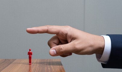 Hand points down at tiny red figure, symbolizing power or judgment over a small person.