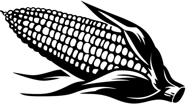 Monochromatic vector illustration of a single ear of corn on the cob with husks, perfect for farm, harvest, and food industry designs.