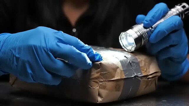 Law enforcement officer inspects suspicious package with flashlight.