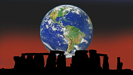 A science fiction illustration of  Earthrise over Stonehenge . 