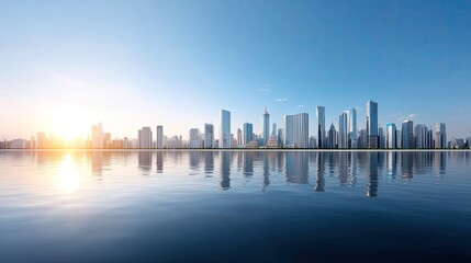 Stunning panoramic view of a modern city skyline reflecting on calm water during sunrise showcasing architectural diversity and a serene atmosphere