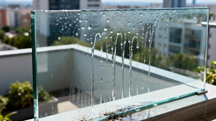 Medium shot of selfcleaning glass panel demonstrating water beading and dirt rolling off on an urban balcony.