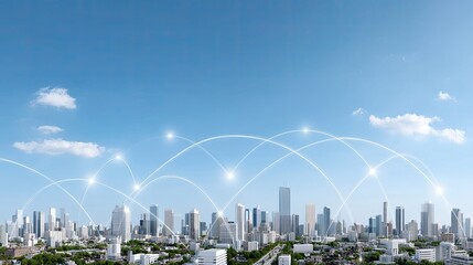 Modern Cityscape with Digital Network Connections and Clear Blue Sky Showcasing Urban Development and Technology Integration in an Urban Environment