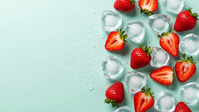 Ultra Realistic Strawberry Ice Flat Lay on Pastel Background with Copy Space