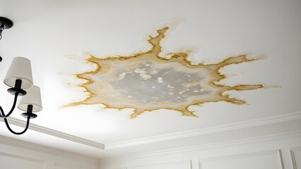Water stain on white ceiling with gold edges near light fixture ceiling stain