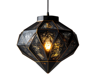 Close-Up Geometric Pendant Light Black and Gold Transparent Background.