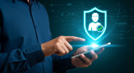 Cybersecurity and personal data protection concept with a person using a smartphone to secure digital identity