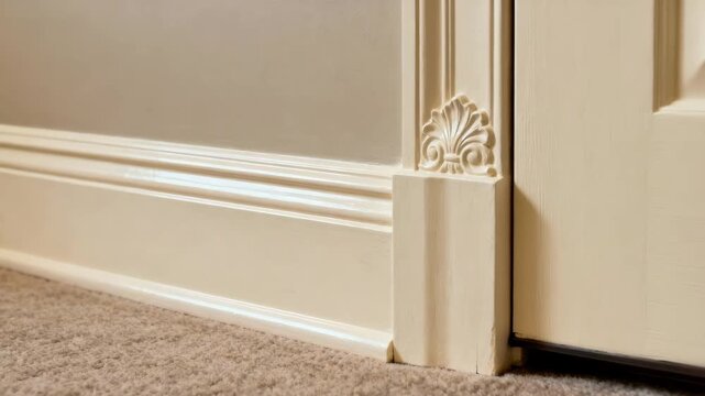 Medium shot showcasing the precise fitting of classic baseboard trim with intricate detailing enhancing the elegant and timeless room borders.