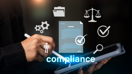 Compliance ensures transparency, efficiency, document, and legal accountability in modern business operations. This concept is ideal for digital governance, and secure corporate workflow design.