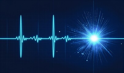 Blue heartbeat line explodes into radiant light, futuristic medical pulse visualization.