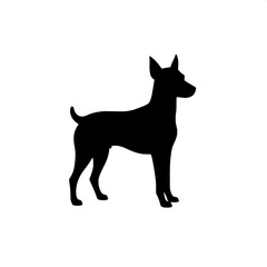 A flat vector illustration of a dog silhouette in solid black on a pure white background, standing naturally with perked ears and a relaxed posture, showcasing a high contrast design suitable for logo