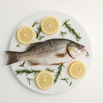 Whole striped bass on a white surface with lemon rounds and fresh rosemary. Generative AI
