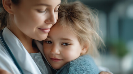 Faceless pediatric doctor holding and hugging little cute girl patient portrait, compassionate pediatric care, child comfort gesture, nurturing physician interaction, defocused faces, with copy
