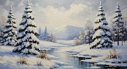 Snowy landscape with pine trees river.