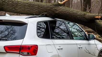 White car damaged by fallen tree trunk in forest accident