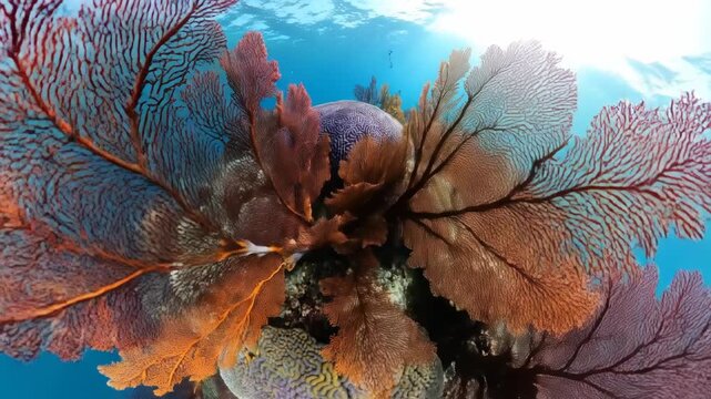 Extremely slow-motion equirectangular dolly move skimming closely over the detailed undulating texture of brain coral and sea fans extremely, formation, marine