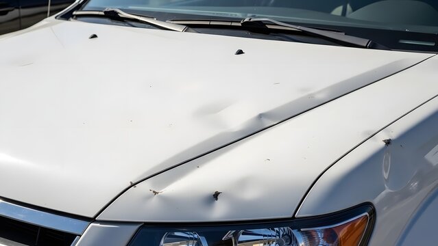 White car hood with dents and small marks automobile vehicle