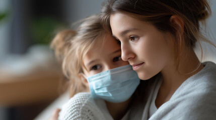 Faceless child in hospital, young girl in medical mask held by her mother looking vulnerable and weary, image evokes empathy and concern for children facing illness, defocused faces, with copy