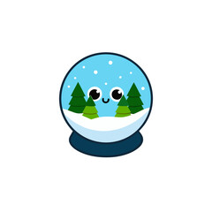 Cartoon snow globe with trees and snowfall on transparent background