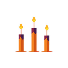 Three candles with flames on white background on transparent background