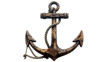 A weathered, rusty anchor with rope, isolated on a stark black background