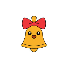 Cartoon bell with bow and cute expression on transparent background