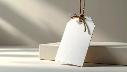 Editable gift tag template with clean layout, modern typography placeholders, white paper texture, soft studio lighting, professional neutral background