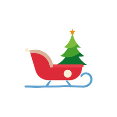 Sleigh carrying a christmas tree with star on transparent background