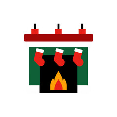 Fireplace with stockings and burning fire on transparent background