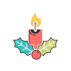 Festive candle with holly leaves and berry on transparent background