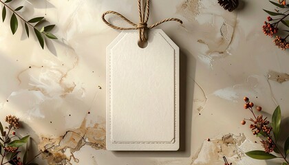 Modern typography-focused gift tag template with large text area, clean alignment, white paper texture, neutral background