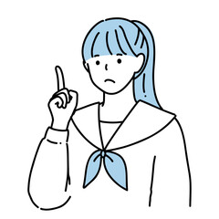 手描き　困り顔の女子高生のイラスト　指差し	ブルー