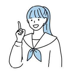 手描き　笑顔の女子高生のイラスト　指差し	　ブルー