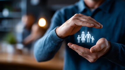 Faceless man with protective gesture and icon of family, health medical and life insurance for whole family concept, family protection symbolism, defocused person, with copy space
