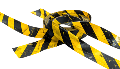 Close-up of yellow and black hazard tape looped and knotted, isolated on black