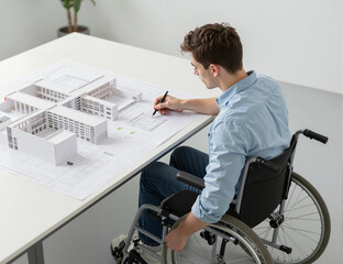 A young caucasian man in a wheelchair is working on architectural plans at a desk, focusing on a detailed model of a building and drawing with a black pen on paper