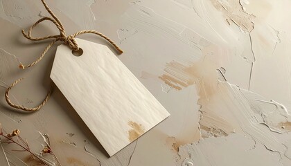 Minimal horizontal gift tag template with wide layout, soft neutral colors, realistic paper texture, studio background