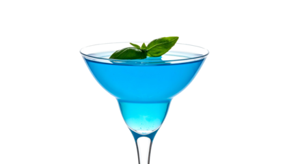 Vibrant, blue cocktail in a classic glass, garnished with basil against a stark black backdrop