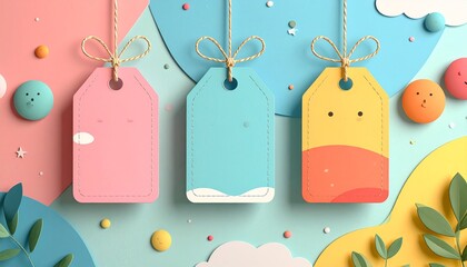 Kids-friendly gift tag template with rounded corners, playful layout spacing, soft paper texture, cheerful background